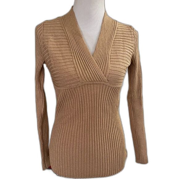 Vintage INC Macy's Gold Shimmer Stretch Form Fitting LS V-Neck Sweater SIZE XL - Picture 1 of 9